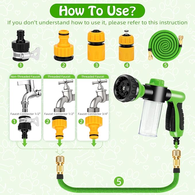 Rypet Dog Wash 7 Pieces Pet Bathing Tool Set Includes Expandable Hose Nozzle Foam Sprayer Connector Dog Rubber Brush for Bathing Pets, Washing Cars and Watering Plants