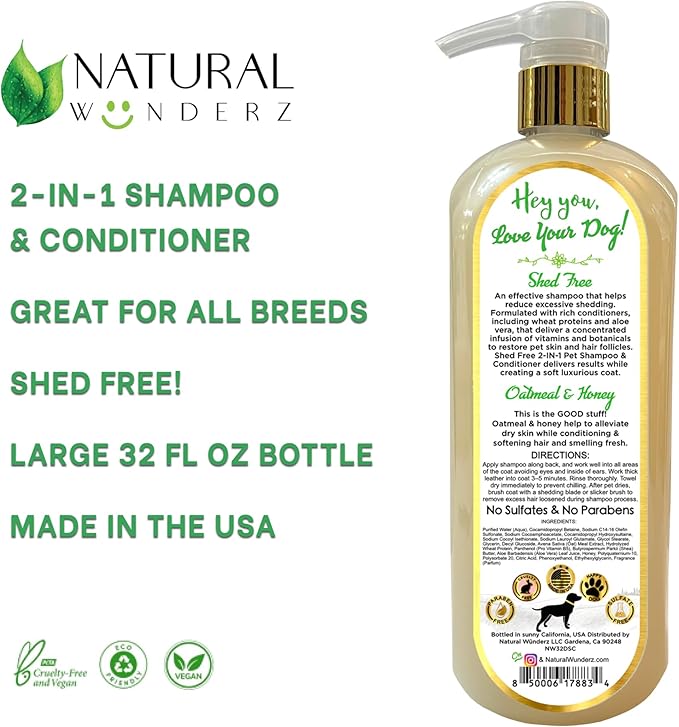 Pet Shampoo & Conditioner, Shed Free 2-in-1, Oatmeal and Honey, Hypoallergenic, Vegan, Natural Extract, for Healthy Skin & Coat, 32 Fl Oz, for Dry Itchy Skin, All Breeds, by Natural Wunderz