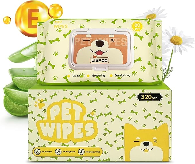 Pet Wipes -Cleaning and Grooming for All Pets, Alcohol-Free Portable Pack, Gentle for Face, Body, Paws and Butt-Thick Nonwoven Fabric-320 Count