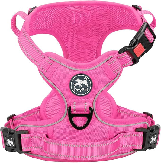 PoyPet No Pull Dog Harness, No Choke Reflective Dog Vest, Adjustable Pet Harnesses with Easy Control Padded Handle for Small Medium Large Dogs(Pink Matching Trim,L)