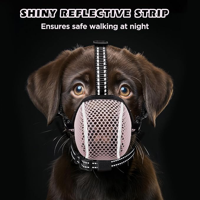 Dog Muzzle,Mesh Soft Muzzle for Small Medium Large Sized Dogs, Breathable Reflective Adjustable Puppy Muzzles with Collar for Scavenging Grooming Biting Chewing,Allows Panting and Drinking(Pink M)