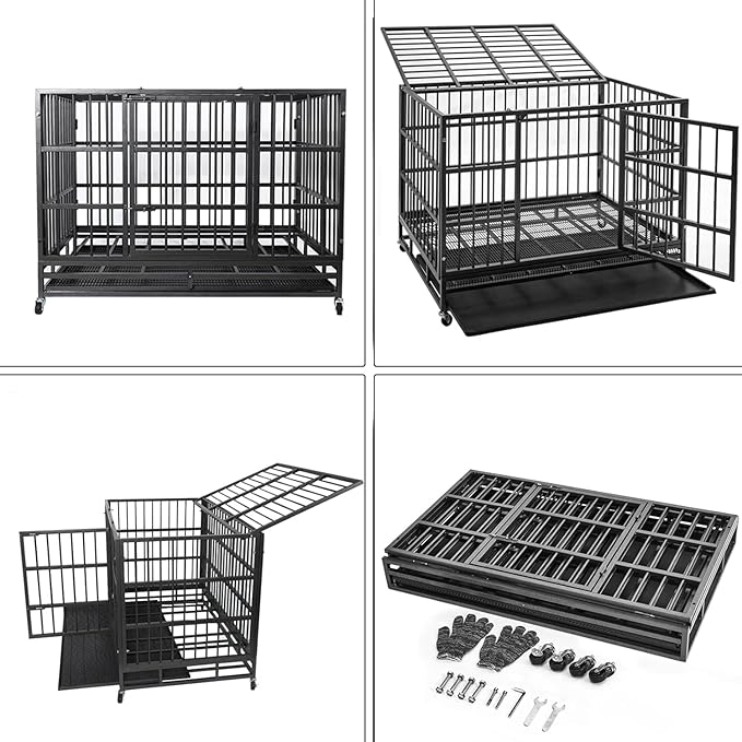48/38 Inch Heavy Duty Dog Crate Cage Kennel with Wheels, High Anxiety Indestructible, Sturdy Locks Design, Double Door and Removable Tray, Extra Large XL XXL
