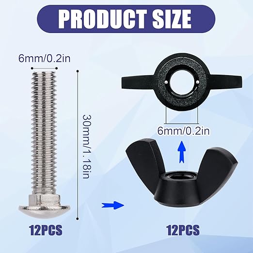 Pet Carrier Fasteners, 12pcs M6 Stainless Steel Replacement Bolts and 12pcs Plastic Butterfly Nuts for Repairing Pet Boxes Pet Carrier Replacement Parts Dog Kennel Hardware