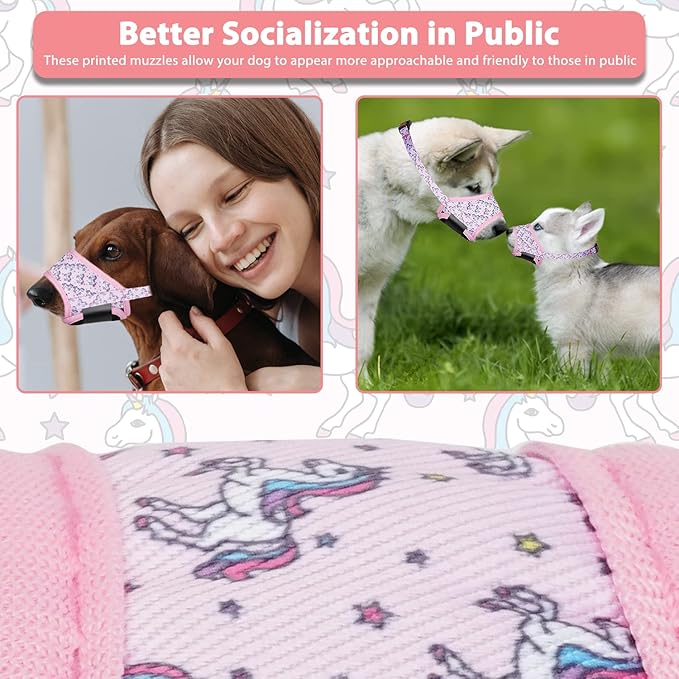 LUCKYPAW Dog Muzzle, Soft Dog Muzzles for Small Medium Large Dogs, Breathable Muzzles to Stop Biting and Chewing with Pattern, Allows Panting and Drinking (S-(Snout 4¾"-6"), Pink Unicone)
