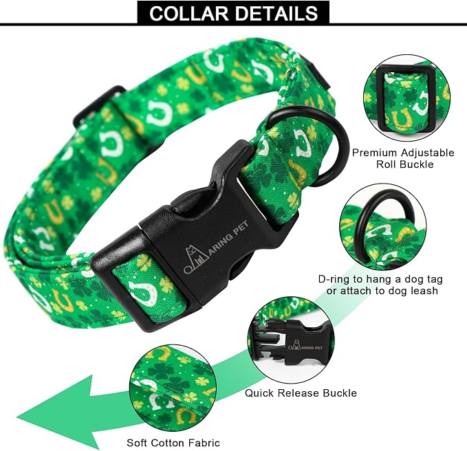 ARING PET St Patrick's Day Dog Collar-Cotton Clovers Dog Collar, Adjustable Shamrock Pet Collar Trefoil Puppy Collars with Quick Release Buckle