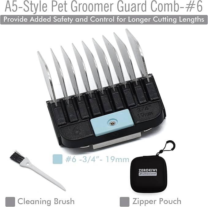 Professional A5 Style Animal Clipper Stainless Steel Color-Coded Snap-on Attachment Guard Guide Comb, 1/8"-1" Compatible with Wahl KM Series Oster A5 Andis Detachable Blade Pet Groomers (#6 - 3/4")