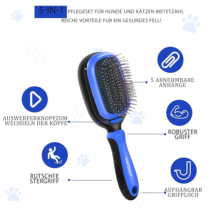 Dog Grooming Brush Kit 5-in-1 with Interchangeable Heads – Ideal for Medium & Large Dogs and Cats with Medium to Long Hair – Reduces Shedding, Removes Tangles, and Controls Loose Fur. Blue