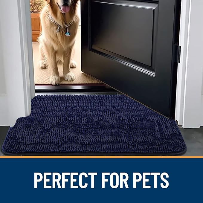 OLANLY Dog Door Mat for Muddy Paws 59x24, Absorbs Moisture and Dirt, Absorbent Non-Slip Washable Mat, Quick Dry Chenille, Mud Mat for Dogs, Entry Indoor Door Mat for Inside Floor, Navy Blue