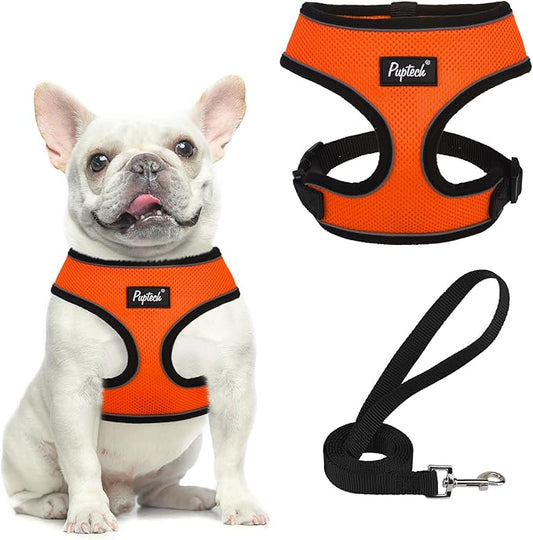 PUPTECK Soft Mesh Dog Harness and Leash Set Pet Puppy Cat Comfort Padded Vest No Pull Harnesses, Solid Orange, S