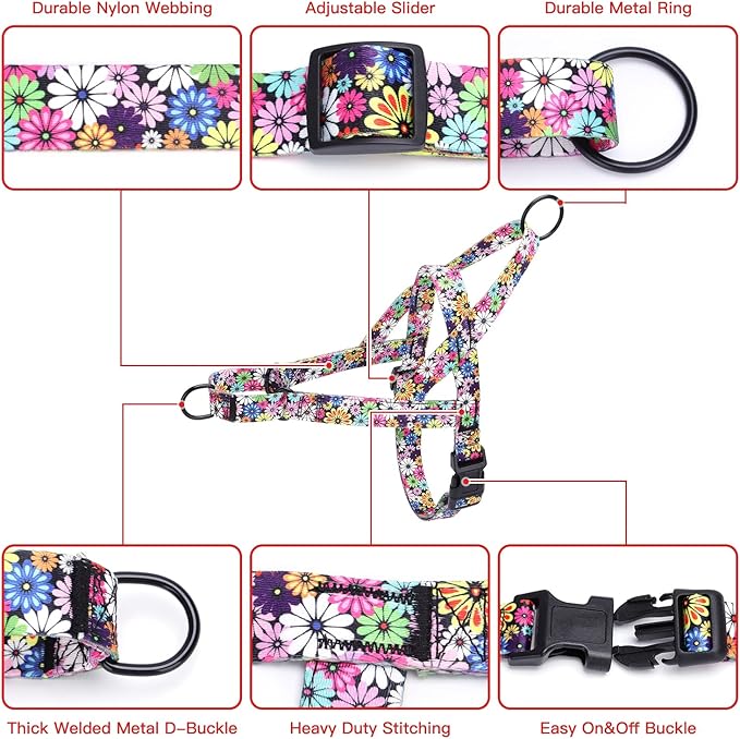 No Pull Dog Harness for Small, Medium, and Large Pets - Floral Pattern Nylon Safety Training Dog Harness (M, Hornflower)