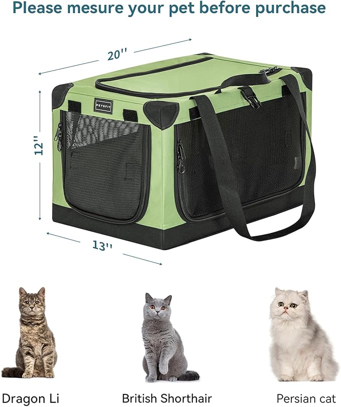 Petsfit Cat Crate - 20 Inch Lightweight, Easy Setup, Sturdy Portable, Adjustable Framework with 3 Mesh Door, Collapsible Dog Crate, Small Cat Kennel, Green 20inch