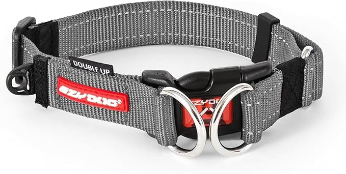 EzyDog Double Up Premium Nylon Dog Collar with Reflective Stitching - Double D-Rings for Superior Strength, Safety, and Comfortability - Non-Rusting, Includes an ID Attachment (XL, Gray)