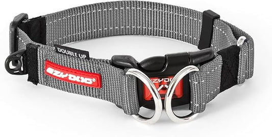 EzyDog Double Up Premium Nylon Dog Collar with Reflective Stitching - Double D-Rings for Superior Strength, Safety, and Comfortability - Non-Rusting, Includes an ID Attachment (m, Gray)