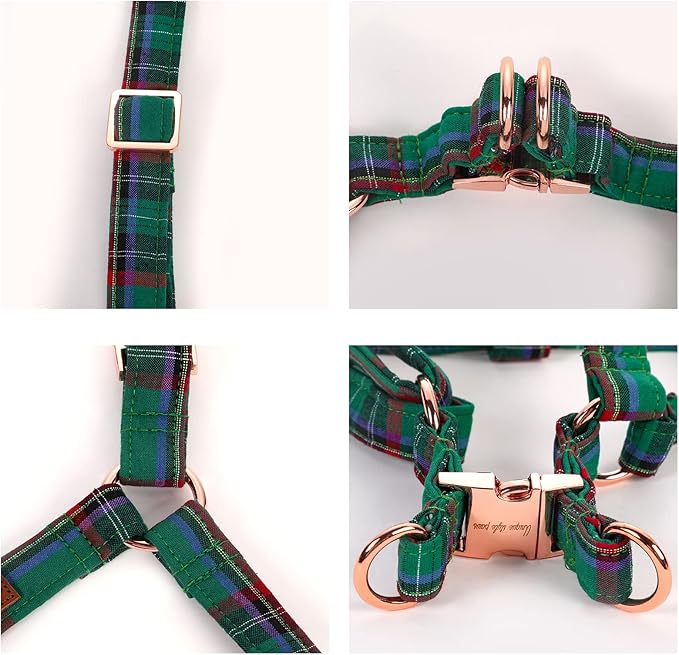 Unique style paws Green Plaid Dog Harness Adjustable Harnesses Durable Hardware with Bowtie for Small Medium Large Dog-Christmas Style-L
