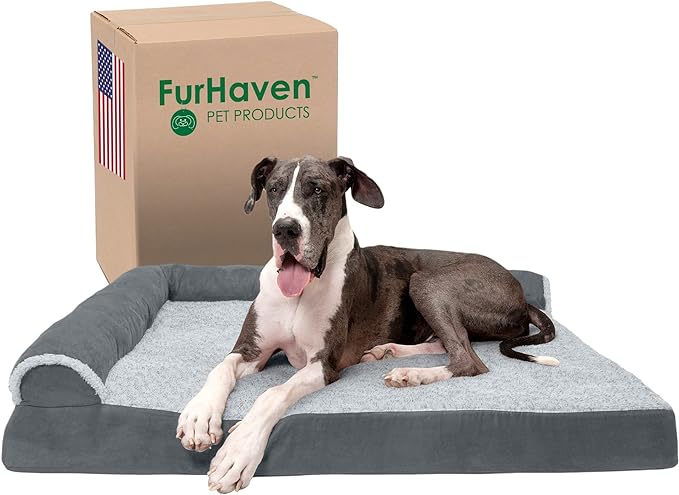 Furhaven Orthopedic Dog Bed for Large Dogs w/ Removable Bolsters & Washable Cover, For Dogs Up to 125 lbs - Two-Tone Plush Faux Fur & Suede L Shaped Chaise - Stone Gray, Jumbo Plus/XXL