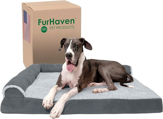 Furhaven Orthopedic Dog Bed for Large Dogs w/ Removable Bolsters & Washable Cover, For Dogs Up to 125 lbs - Two-Tone Plush Faux Fur & Suede L Shaped Chaise - Stone Gray, Jumbo Plus/XXL
