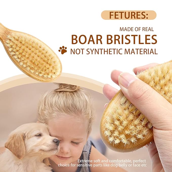 Dog Brush Cat Brush, Double Sided Bristle and Pin Pet Brush for Dog Grooming, Real Boar Bristle Shedding Brush with Bamboo Handle for Long Short Hair, 4 Pack Dog Comb, Black+Yelbow