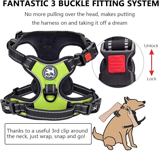 PoyPet No Pull Dog Harness, No Choke Front Clip Dog Reflective Harness, Adjustable Soft Padded Pet Vest with Easy Control Handle for Small to Large Dogs(Green,XS)