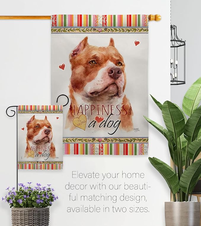 Breeze Decor Fawn Pitbull Happiness House Flag Dowel Set Dog Puppy Spoiled Paw Canine Fur Pet Nature Farm Animal Creature Decoration Banner Small Garden Yard Gift Double-Sided, Made in USA