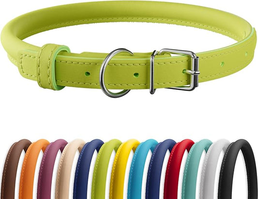 CollarDirect Rolled Leather Dog Collar, Soft Padded Round Puppy Collar, Handmade Genuine Leather Collar Dog Small Large Cat Collars 13 Colors (15-19 Inch, Lime Green Smooth)