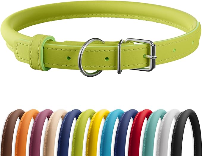 CollarDirect Rolled Leather Dog Collar, Soft Padded Round Puppy Collar, Handmade Genuine Leather Collar Dog Small Large Cat Collars 13 Colors (8-11 Inch, Lime Green Smooth)
