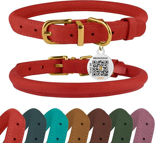 BRONZEDOG Rolled Leather Dog Collar with QR ID Tag Adjustable Soft Round Collars for Small Medium Large Dogs Puppy Cat (7" - 10" Neck Size, Classic Red)
