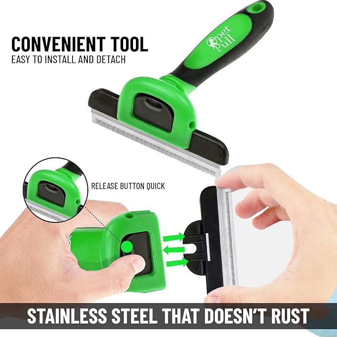 Pet Deshedding Tool Cleaning Brush - Green - For Dogs & Cats - Hair Removal Tool - Stainless Steel Knot Detangler Comb - 95% Shedding Reduce