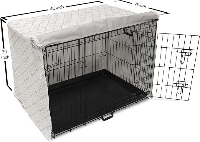 Lunarable Grey Dog Crate Cover, Moroccan Traditional Trellis Pattern Simple Geometric Monochrome Tile, Easy to Use Pet Kennel Cover for Medium Large Dogs, 42 Inch, White Grey
