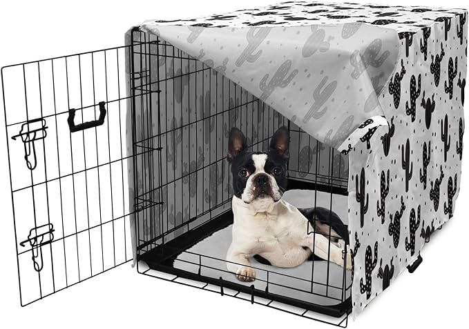 Ambesonne Cactus Dog Crate Cover, Monochrome Saguaro Succulent Botanical Continuous Pattern Plain Background, Easy to Use Pet Kennel Cover for Small Dogs Puppies Kittens, 22 Inch, Charcoal Grey