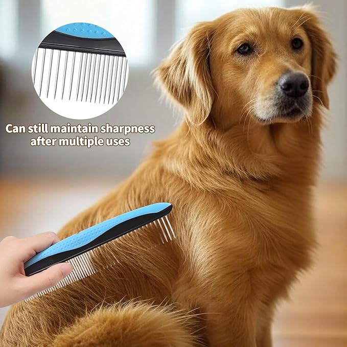 Pet Comb for Dogs and Cats - 2-in-1 Design with Wide & Narrow Teeth, Stainless Steel Round Ends for Safe Detangling, Non-Slip Handle, Removes Knots, Mats, Tangles, and Loose Fur