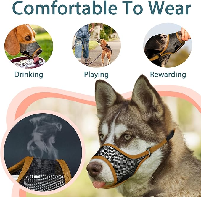 LUCKYPAW Dog Muzzle, Mesh Dog Muzzle for Large Medium Small Dogs, Soft Muzzles for Biting Chewing Fierce Barking, Breathable Muzzle with Adjustable Strap for Training (Brown, XS(Snout:6.5"-7.5"))