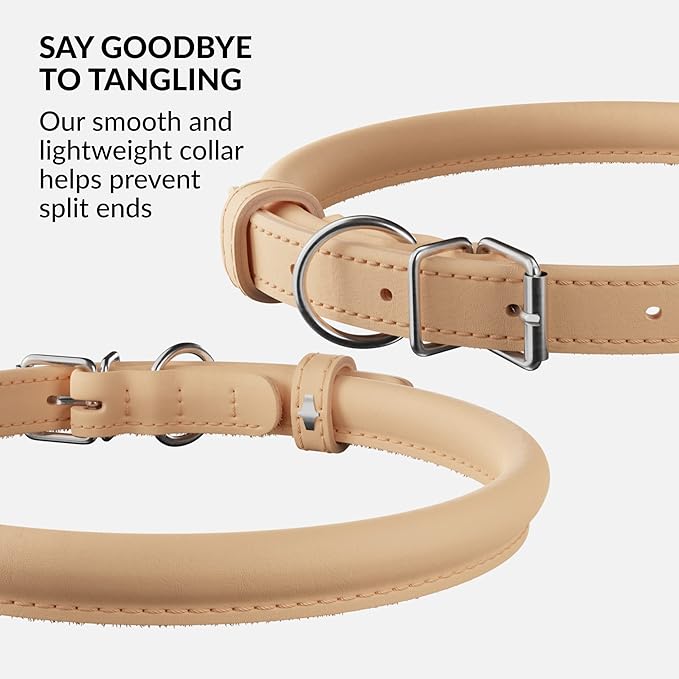CollarDirect Rolled Leather Dog Collar, Soft Padded Round Puppy Collar, Handmade Genuine Leather Collar Dog Small Large Cat Collars 13 Colors (18-22 Inch, Beige Smooth)