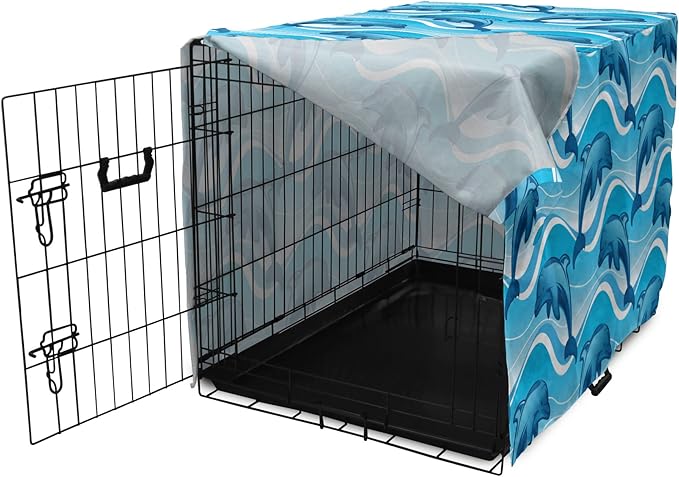 Lunarable Dolphin Dog Crate Cover, Dolphin Illustration Jumping Waves with Large Mammal Friendly Ocean Animal, Easy to Use Pet Kennel Cover for Small Dogs Puppies Kittens, 18 Inch, Azure Blue White