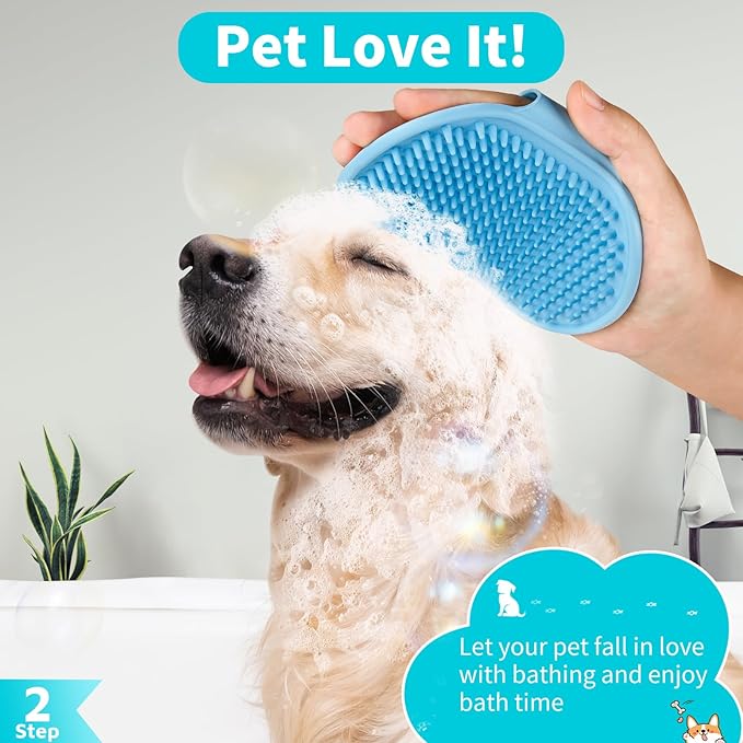 Comotech 3PCS Dog Bath Brush | Dog Shampoo Brush | Dog Scrubber for Bath | Dog Bath Brush Scrubber | Dog Shower/Washing Brush with Adjustable Ring Handle for Short & Long Hair (Blue Pink Blue)