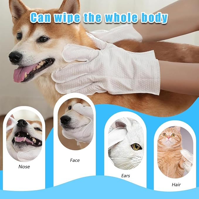 Dog and Cat Cleaning Gloves, Cleaning and Deodorizing Grooming Gloves, Dog and Cat Fur Face, Ears, Eyes, Paws Cleaner, Pet Grooming Wipes, Nourishing Fur, for Daily Care and Travel, No Rinse (12 Pcs)