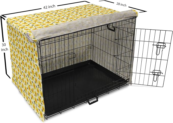 Lunarable Daffodil Dog Crate Cover, Retro Abstract Small Bedding Plants Flourishing Meadow Girls Design, Easy to Use Pet Kennel Cover for Medium Large Dogs, 42 Inch, Yellow Green Orange