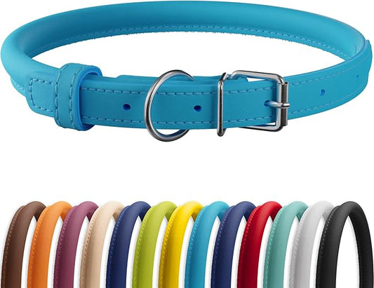 CollarDirect Rolled Leather Dog Collar, Soft Padded Round Puppy Collar, Handmade Genuine Leather Collar Dog Small Large Cat Collars 13 Colors (9-12 Inch, Blue Smooth)