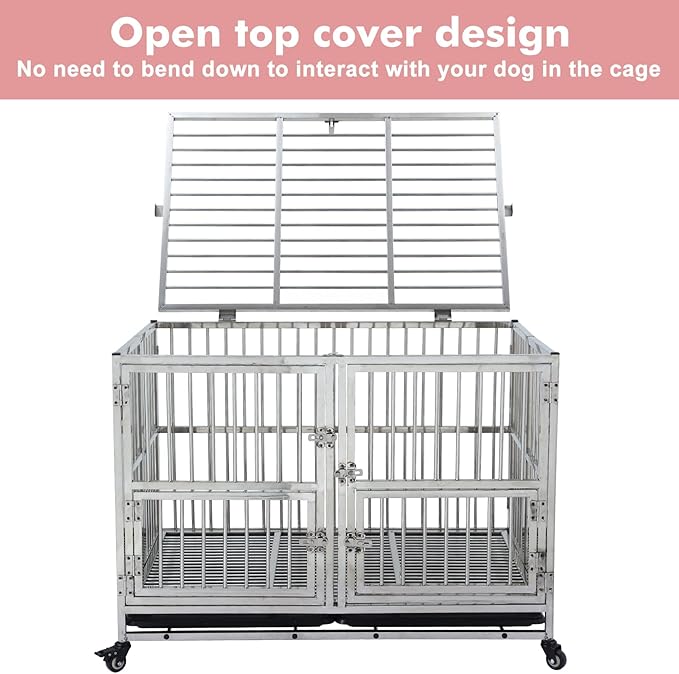 48-in Heavy Duty Dog Crate Cage Kennel with Wheels, Full Stainless Steel High Anxiety Indestructible Dog Crate, Sturdy Locks Design, Double Door Small Door Design & Removable Tray Design Silver