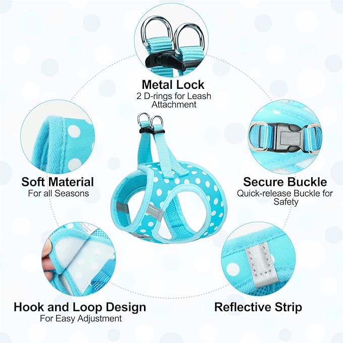 BEAUTYZOO Step in Dog Harness and Leash Set, Polka Dot Pattern Reflective Dog Harness No Pull No Choke Puppy Harness for XXS XS S Dogs Cats, Soft Padded Mesh Vest Harnesses for Girl and Boy Pets