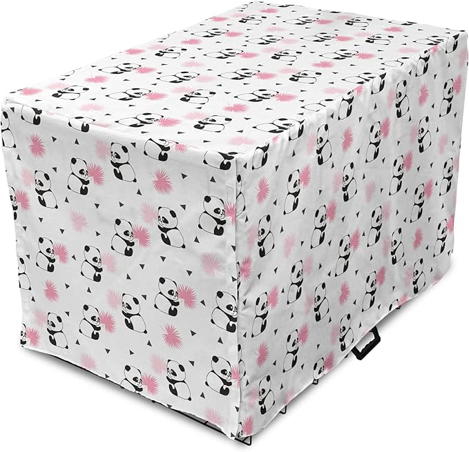 Lunarable Panda Dog Crate Cover, Cartoon Style Bear Drawings Pinkish Foliage Leaves Chinese, Easy to Use Pet Kennel Cover for Small Dogs Puppies Kittens, 22 Inch, Pale Pink Rose Black
