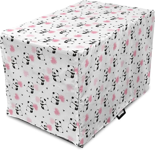 Lunarable Panda Dog Crate Cover, Cartoon Style Bear Drawings Pinkish Foliage Leaves Chinese, Easy to Use Pet Kennel Cover for Small Dogs Puppies Kittens, 22 Inch, Pale Pink Rose Black