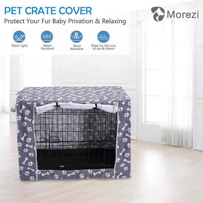 Dog Crate Cover Kennel Dogs Covers fits Small Medium Large crates cage Heavy Nylon Waterproof soundproof Indoor Outdoor - Cover only - Grey Bone paw - 24 inch