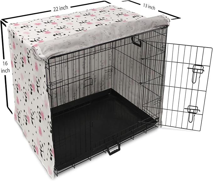 Lunarable Panda Dog Crate Cover, Cartoon Style Bear Drawings Pinkish Foliage Leaves Chinese, Easy to Use Pet Kennel Cover for Small Dogs Puppies Kittens, 22 Inch, Pale Pink Rose Black