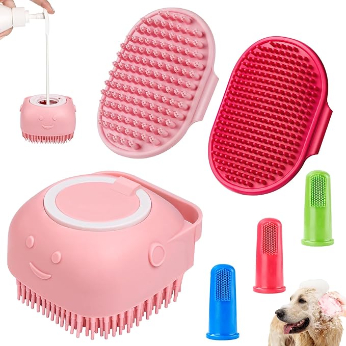Comotech 3PCS Dog Bath Brush | Dog Shampoo Brush | Dog Scrubber for Bath | Dog Bath Brush Scrubber | Dog Shower/Washing Brush with Adjustable Ring Handle for Short&Long Haired Dogs (Pink Red Pink)