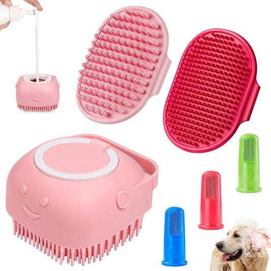Comotech 3PCS Dog Bath Brush | Dog Shampoo Brush | Dog Scrubber for Bath | Dog Bath Brush Scrubber | Dog Shower/Washing Brush with Adjustable Ring Handle for Short&Long Haired Dogs (Pink Red Pink)