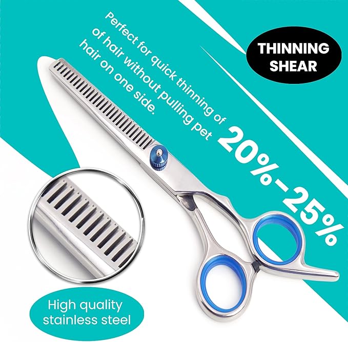 7 in 1 Dog Grooming Scissors Set with Safety Round Head, Sharp and Durable, with Two Stainless Steel Combs, Pet Grooming Scissors for Cats and Dogs