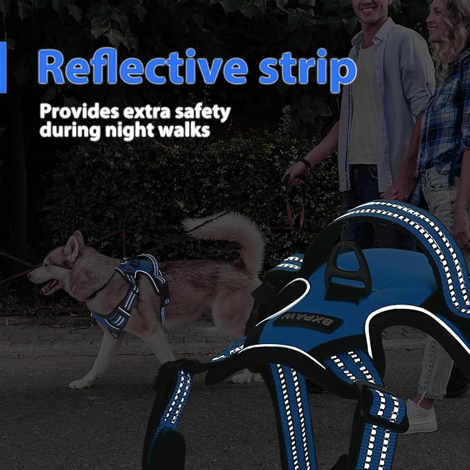 Dog Harness,No Pull Pet Harness Adjustable Reflective Pet Harness Easy Control Handle for Small to Large Dogs Soft Padded Puppy Vest (Blue, Large)