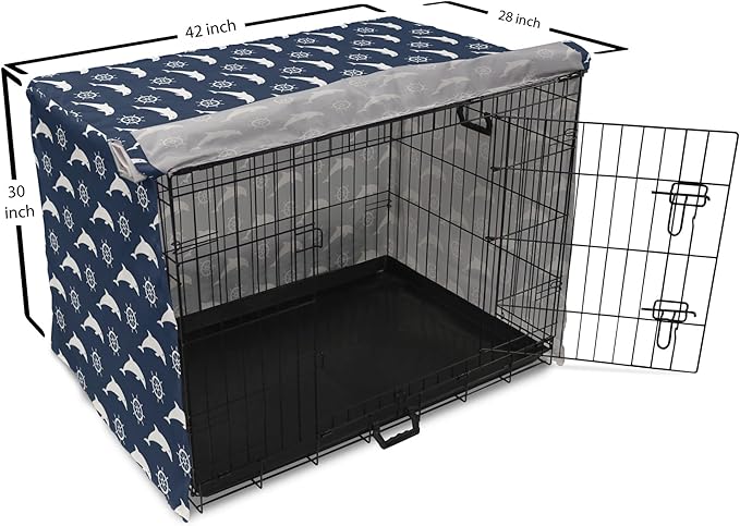 Lunarable Dolphin Dog Crate Cover, Maritime Pattern with Silhouettes of Dolphins and Steering Wheels in White Color, Easy to Use Pet Kennel Cover for Medium Large Dogs, 42 Inch, Night Blue