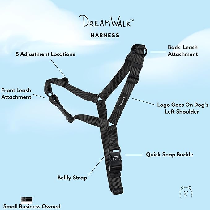 ShawnCo Dream Walk No-Pull Dog Harness- Adjustable, Comfortable, Easy to Use Pet Halter to Help Stop Pulling for Small, Medium and Large Dogs (Midnight, S)