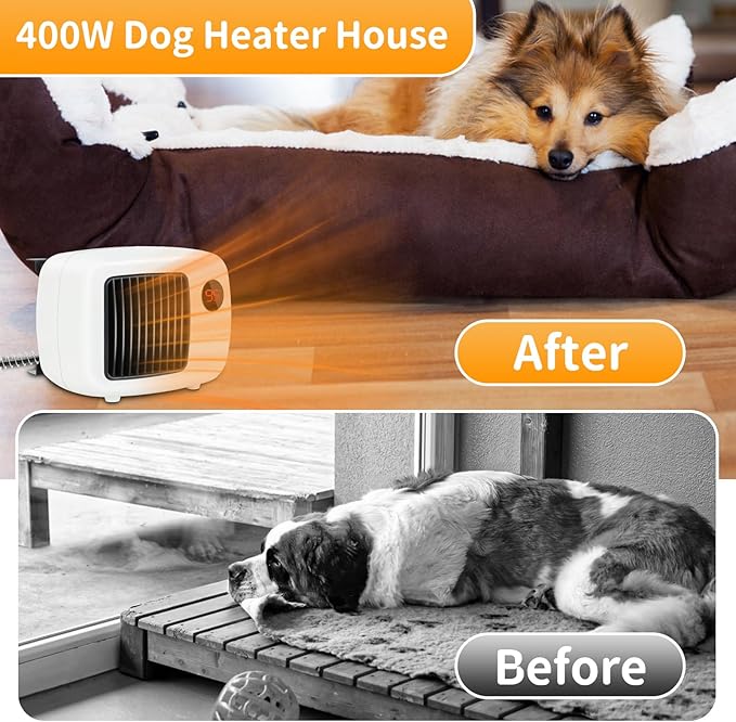 Rypet Dog House Heater with Thermostat, 200W/400W Safe Heater for Dog House Outdoor with 6 Ft Anti Chew Cord, Wall Mounted Chicken Coop Heater Electric Warmer for Hound Kennel Cat Cage Chicken Coop